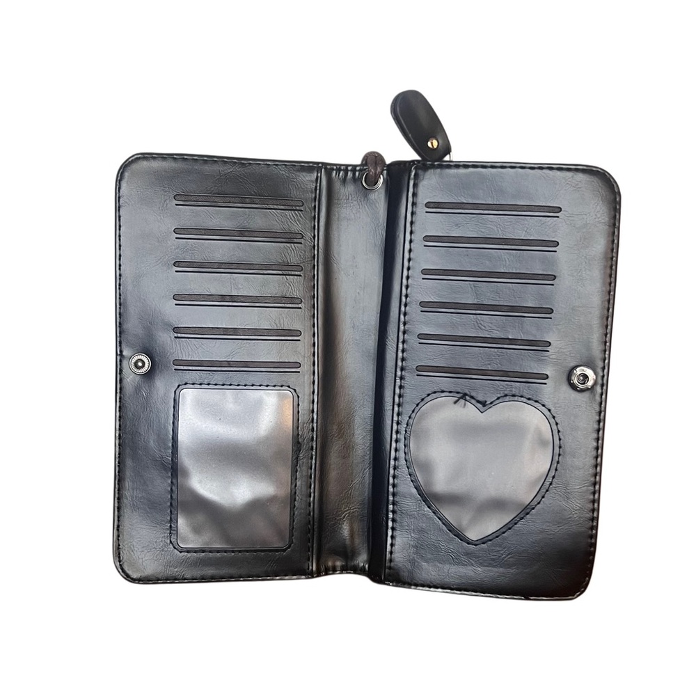 Love and Freedom Black Wallet with Heart-Shaped ID Window NWOT